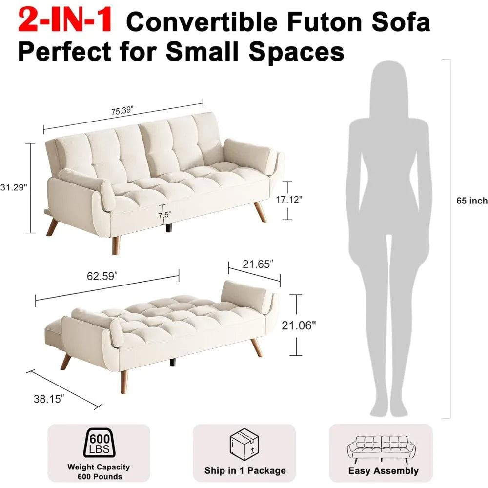 75.4" Futon Couch, Convertible Loveseat Sleeper Couch with Adjustable Backrest for Small Spaces