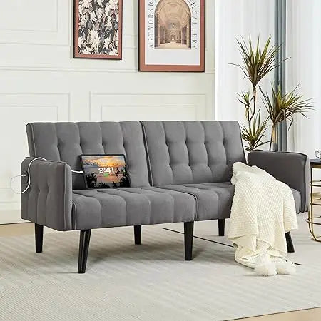 65“ Convertible Futon Sofa Bed w/ 2 USB, Upholstered Tufted Small Adjustable Folding Couch Loveseat, Modern Mid Century Sleeper