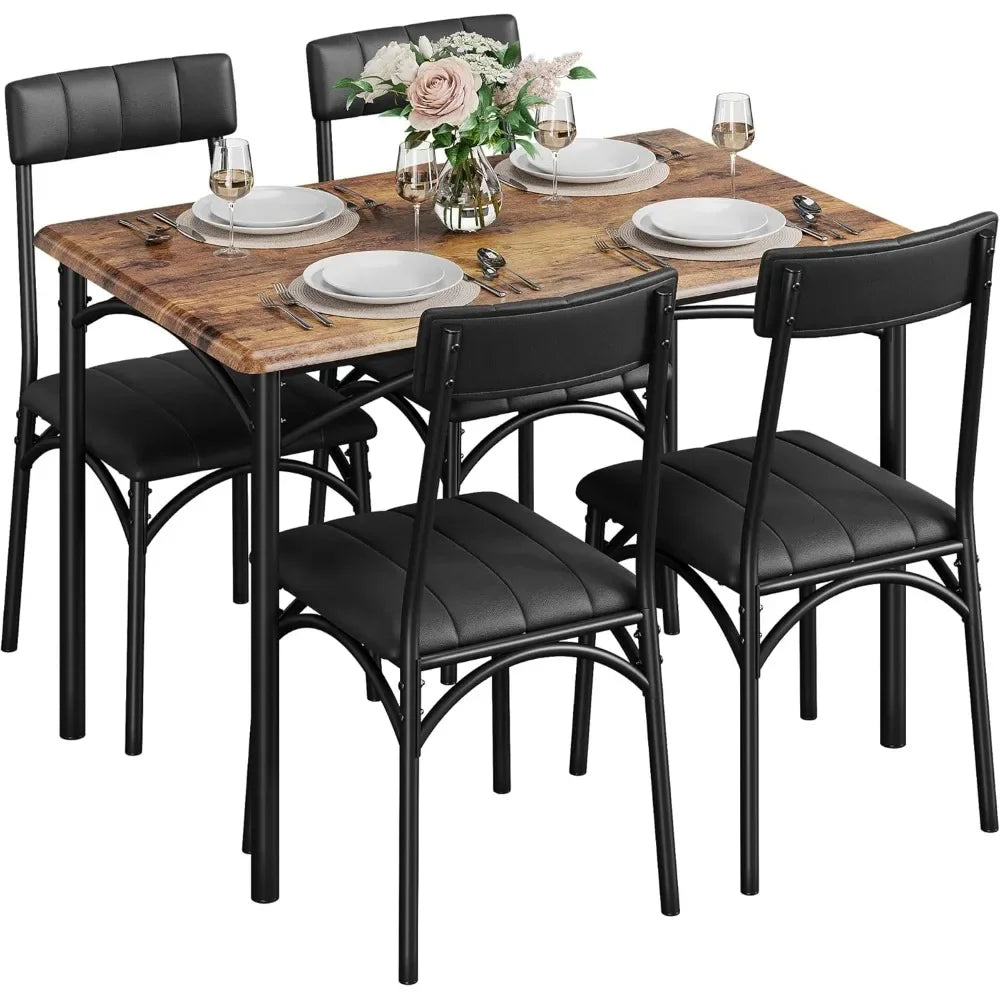 4 Person Dining Table Set with Cushioned Chairs, Kitchen Dining Table Set, Metal and Wood Rectangular Dining Table