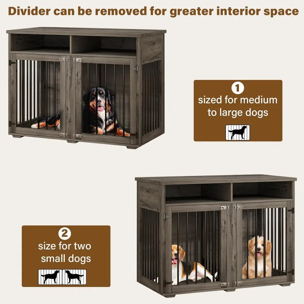 Furniture Dog Crate for 2 Dogs, 41 Inch Dog Kennel Furniture with Removable Divider and Shelf Storage, Wooden Dog Crate for Smal