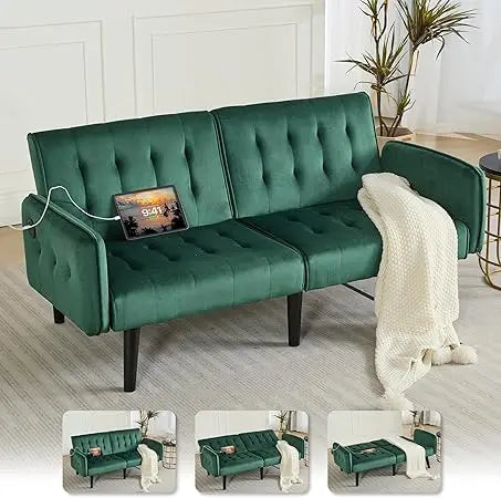 65“ Convertible Futon Sofa Bed w/ 2 USB, Upholstered Tufted Small Adjustable Folding Couch Loveseat, Modern Mid Century Sleeper