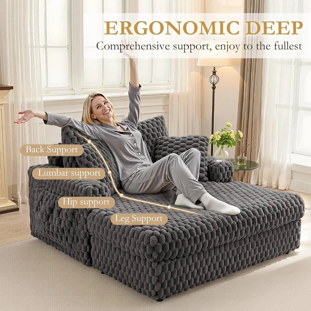 Oversized Chaise Lounge Chair Indoor 58 Inch Soft Cushioned Sofa Bed with Armrests and Cup Holder Plush Faux Fur Reading Chair