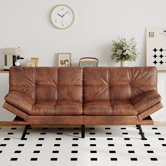 Futon Sofa Bed Convertible Couch, Brown Faux Leather Sofa Bed with Memory Foam, Adjustable Backrest & Armrests, Multifunctional