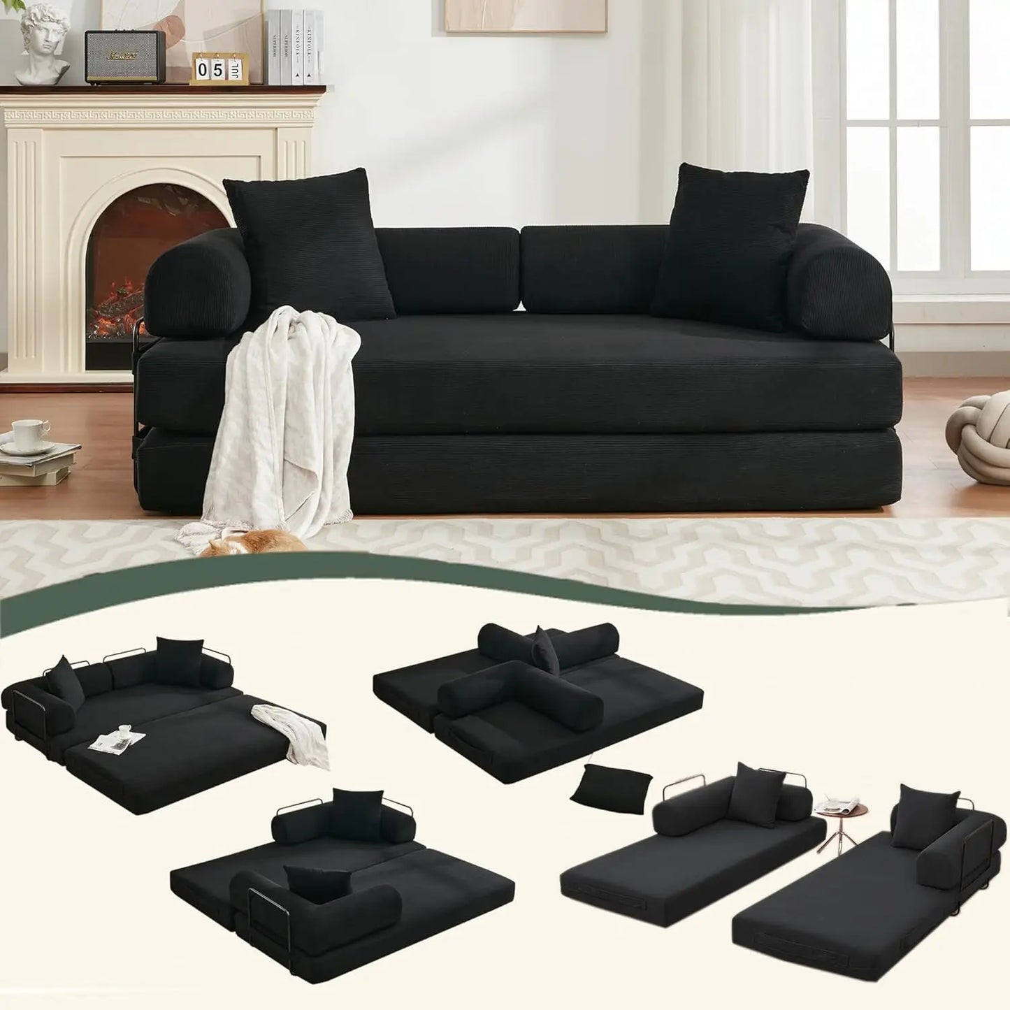 Sleeper Sofa Bed,4-in-1 Convertible Folding Boneless Couch,Foldable Love Seat with Blanket Pillow Corduroy Floor Futon Couch