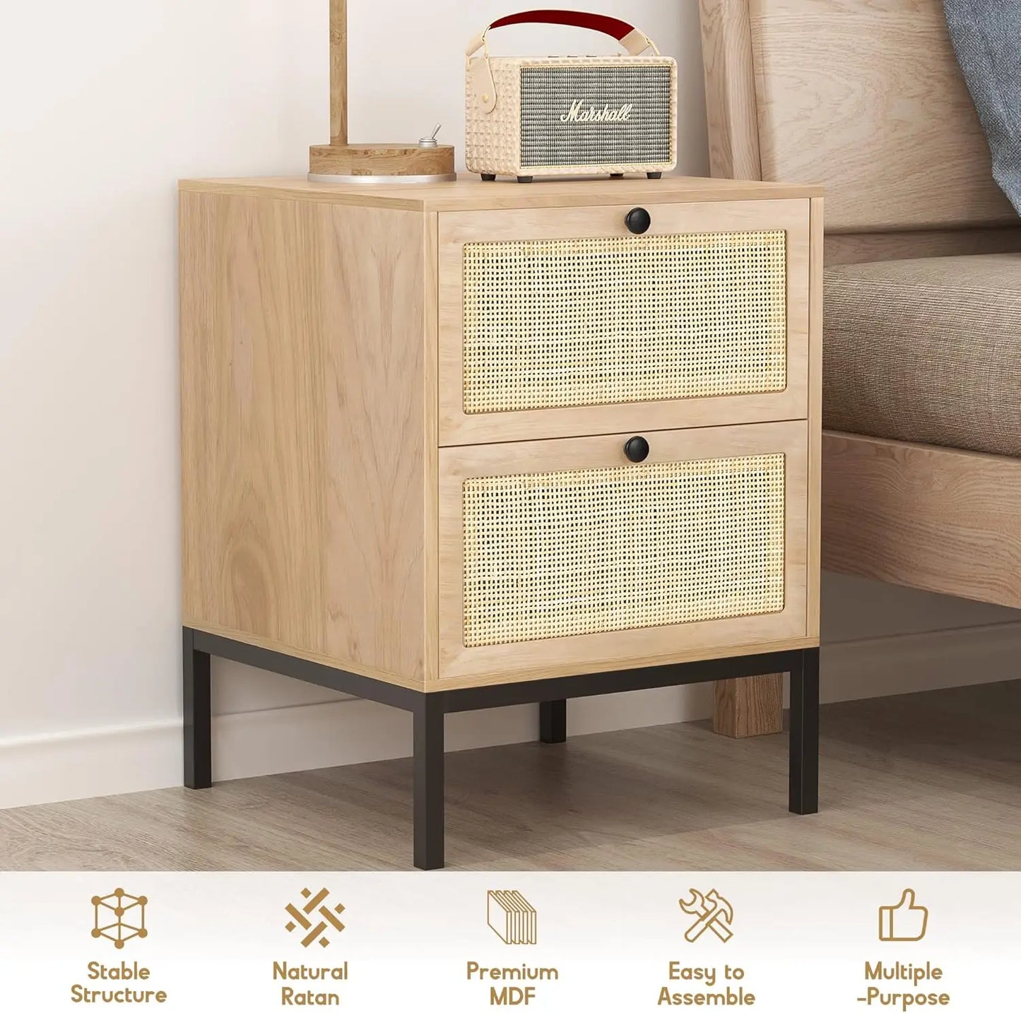 Natural Rattan Nightstand Set of 2, Boho Night Stand with Drawers, Bedside Table Accent Cane End Table Side Table for Bedroom L