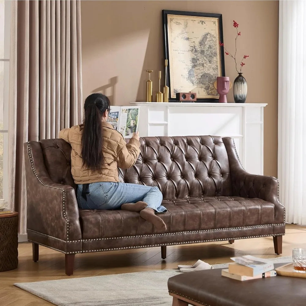 Mid Century Modern 74.5" Faux Leather Sofa, 3 Seater Tufted Upholstered Couch with High Back & Nailhead Trim, Chesterfield Sofa