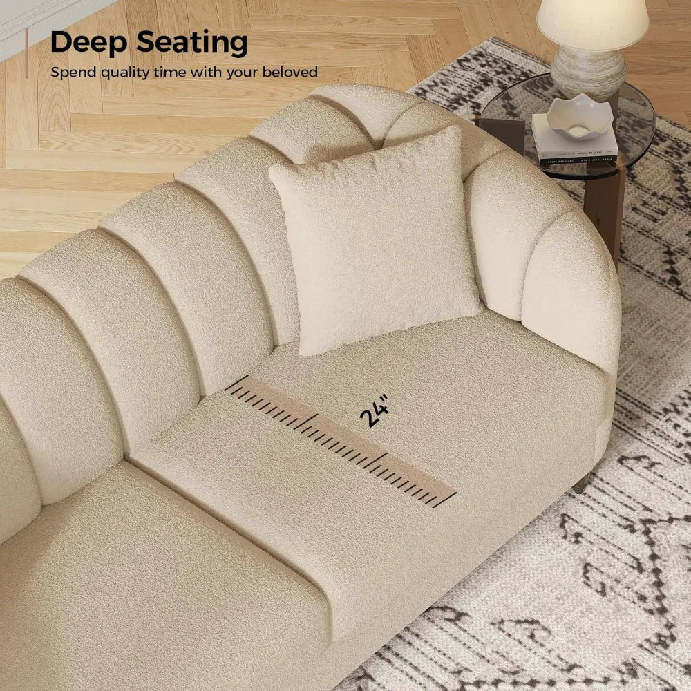 83” Modern Boucle Sofa, Minimalist Style Comfy Loveseat with 2 Pillows, Luxury 2 Seater Couch with Curved Armrest& Woode Leg