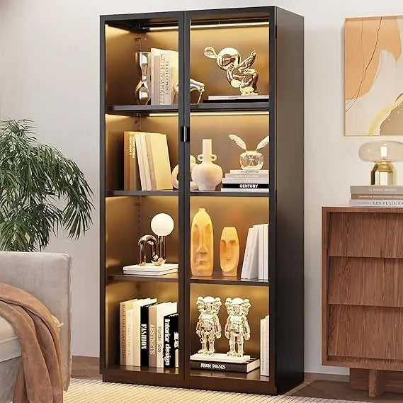 Display Cabinet with Glass Doors and LED Lights, Glass Display Cabinet with 3 Adjustable Shelves, 4 Tier of Storage Space Curio