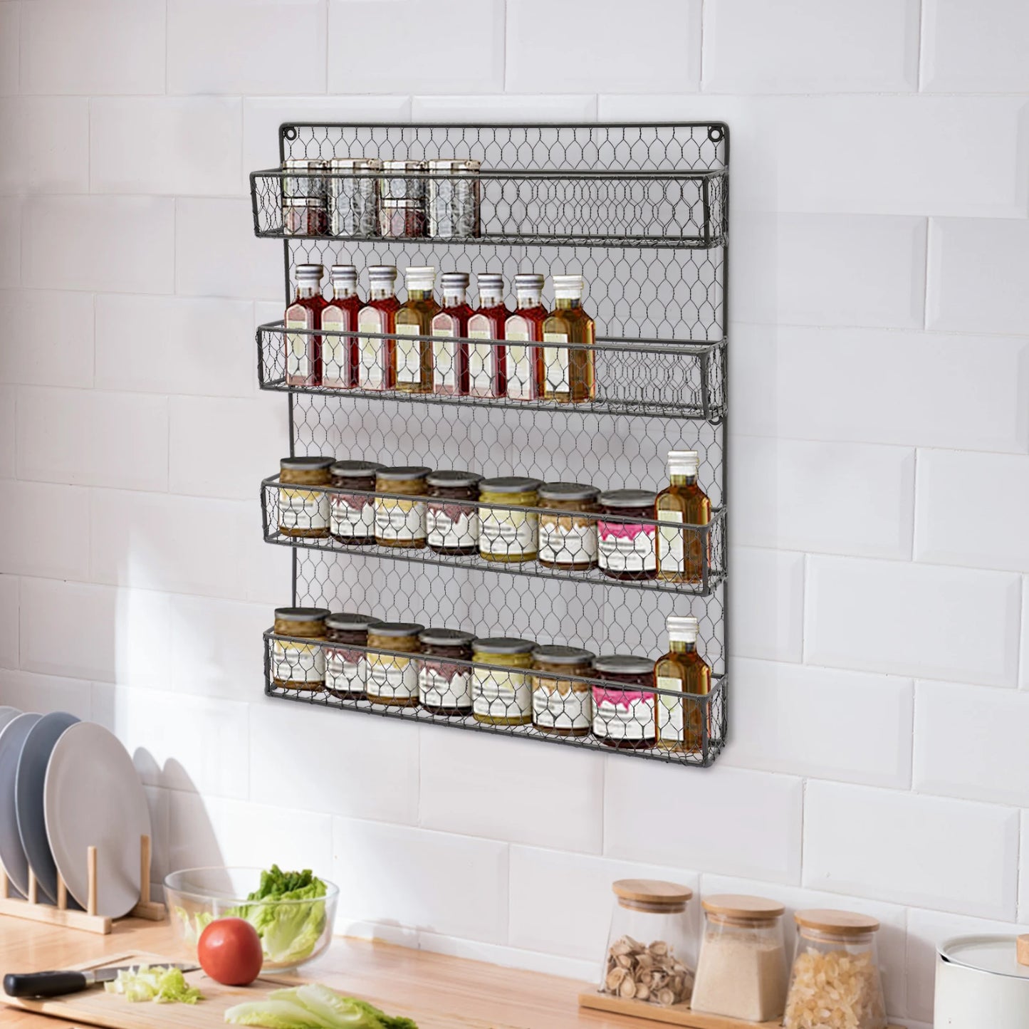 4-Tier Iron Wall Mounted Spice Rack,Black Rectangle Kitchen Spice Rack 43*6*53cm for Store Spice Jars