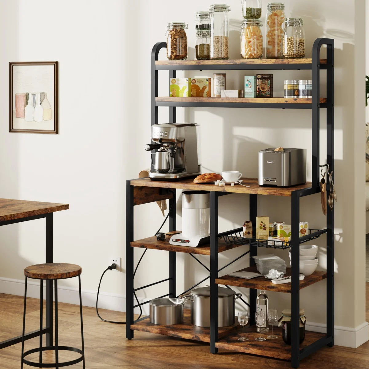 Kitchen Bakers Rack with Power Outlet Microwave Stand Coffee Bar Station Storage Shelves with Basket for Dining/Living Room