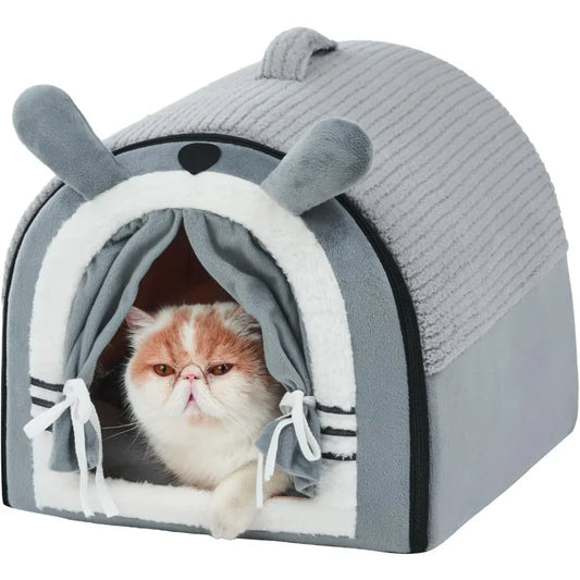 Cat Houses for Indoor Cats Cave Bed with Door Curtain Design Cute Portable Beds with Reversible Washable Cushion S Size Soft Ki
