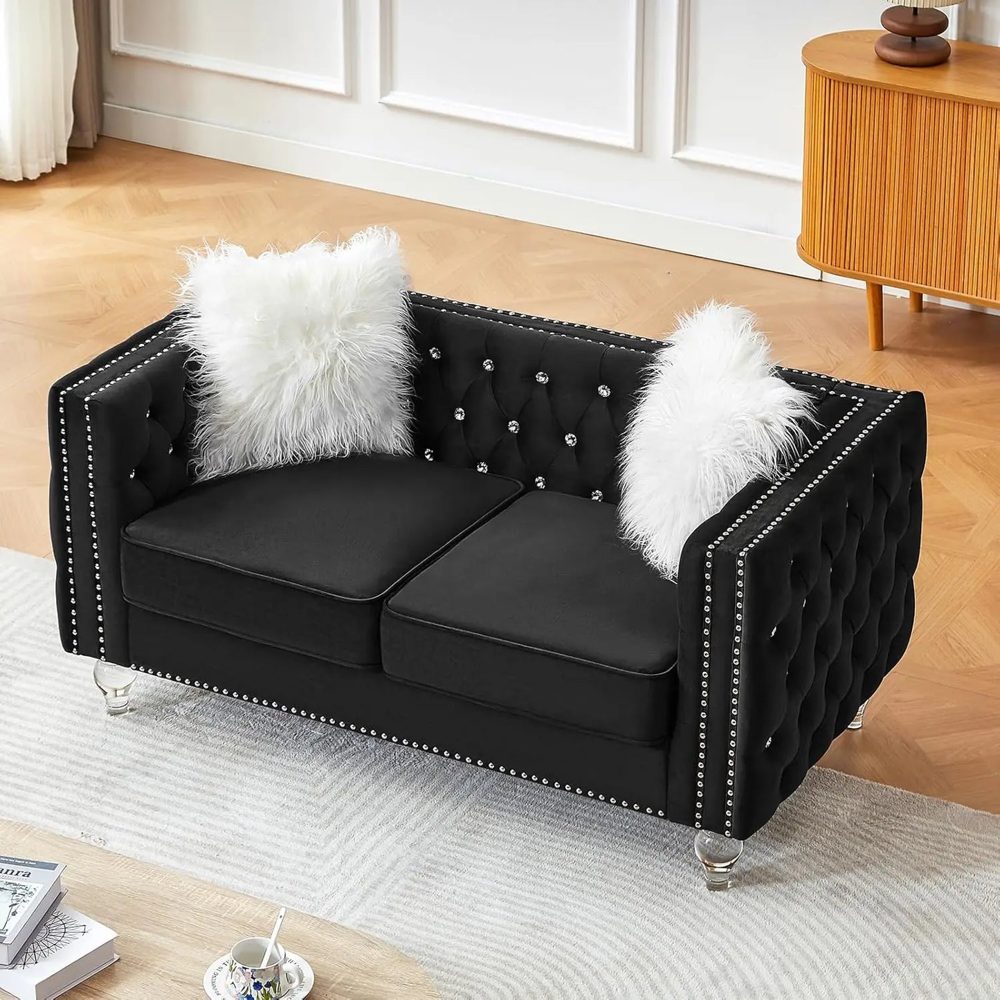 83" Chesterfield Sofa, Velvet Mid-Century Modern Upholstered Couch with 2 Throw Pillows and Acrylic Legs, Nailhead Button Tufted