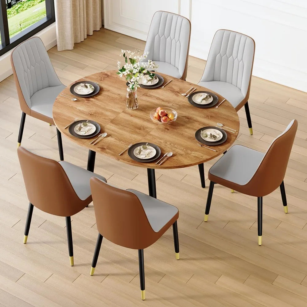 Wood Dining Table Set for 6｜ 42" Round to 54" Oval Dining Table Set for 6｜Wood Extendable Dining Room Table with Thick Cushion