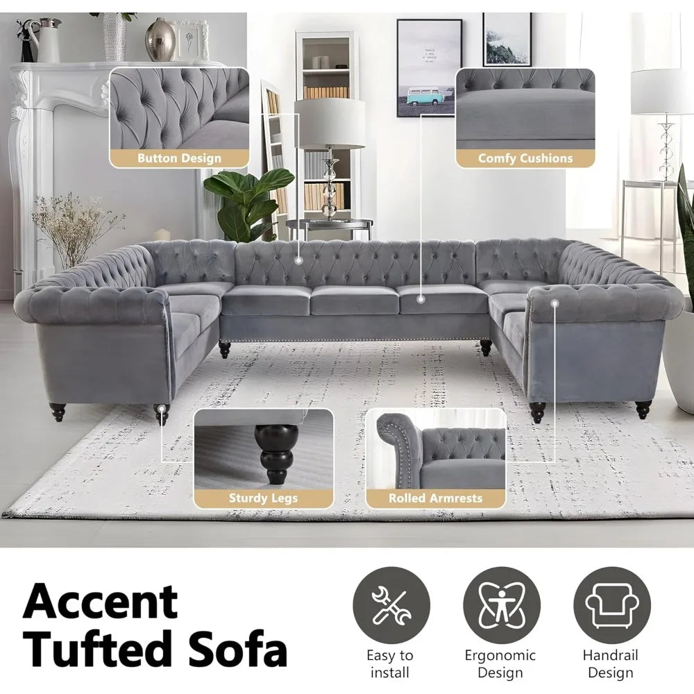 U-Shaped Sofa, Sectional Chesterfield Velvet Couch 9-Seater Upholstered Large Accent Tufted Sofa with Rolled Armrest and
