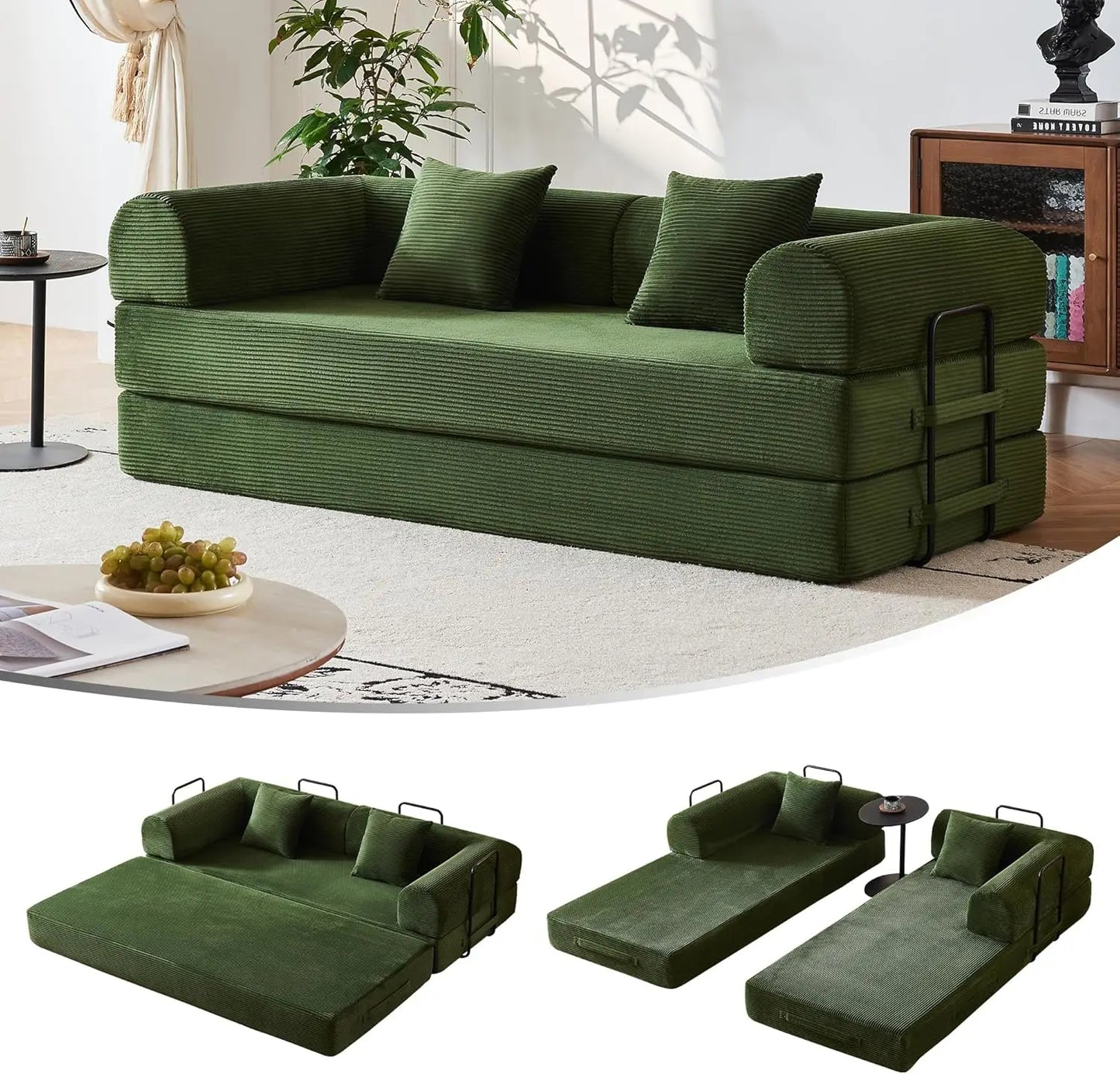 79" Compression Sofa, Convertible Sleeper Sofa Bed, Couch Bed with Fixed-Shape Frame, Corduroy Floor Sofa, Couches for Living Ro