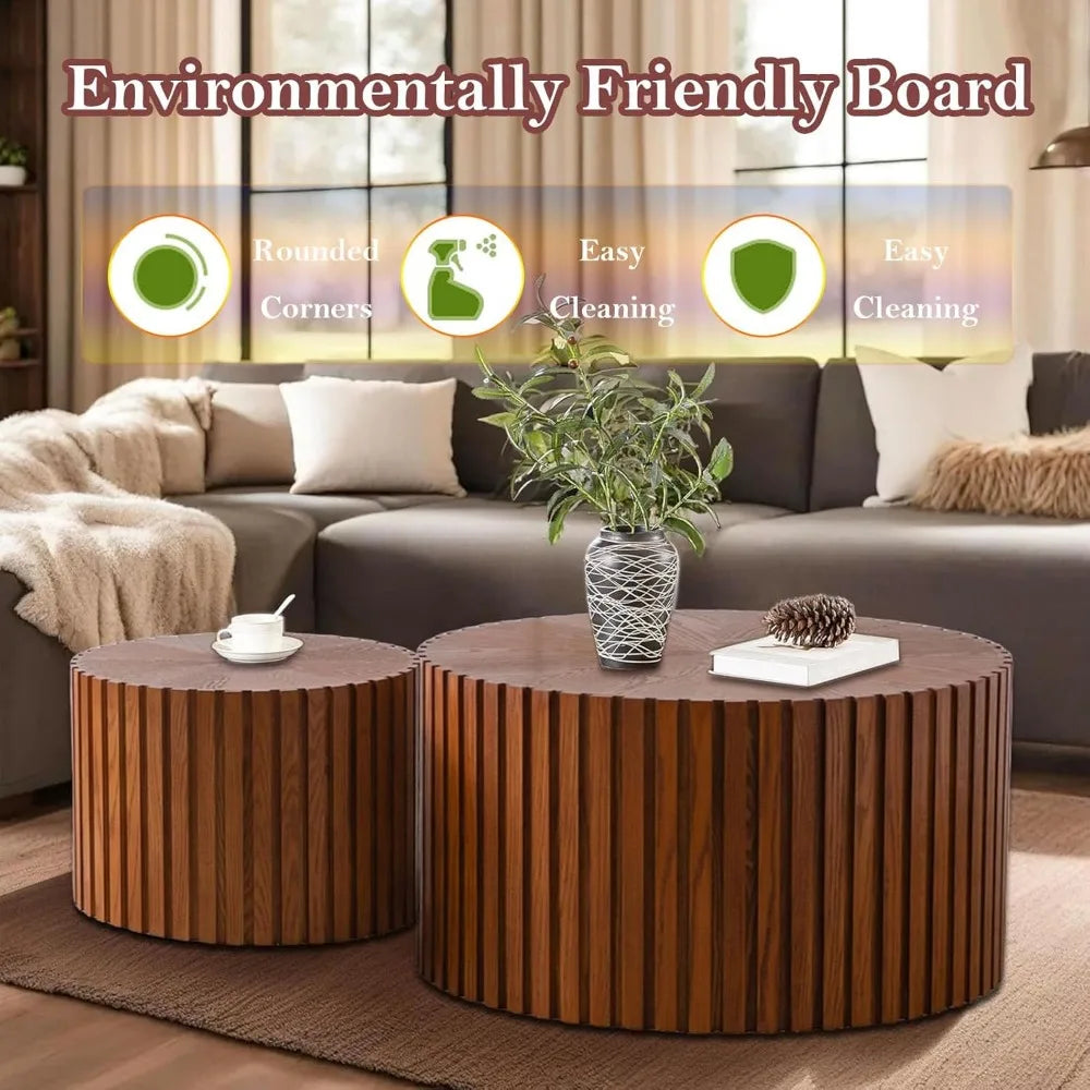 Handcraft Round Nesting Coffee Table - Chic Wave Stripe Edge, Modern Stylish Walnut Wooden Circle Fluted Center Table for Living