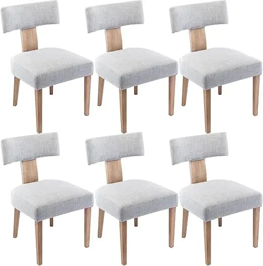 Mid Century Modern Dining Chairs Set of 6, Farmhouse Linen Fabric Upholstered Accent Curved Backrest Kitchen Chairs, with Ha