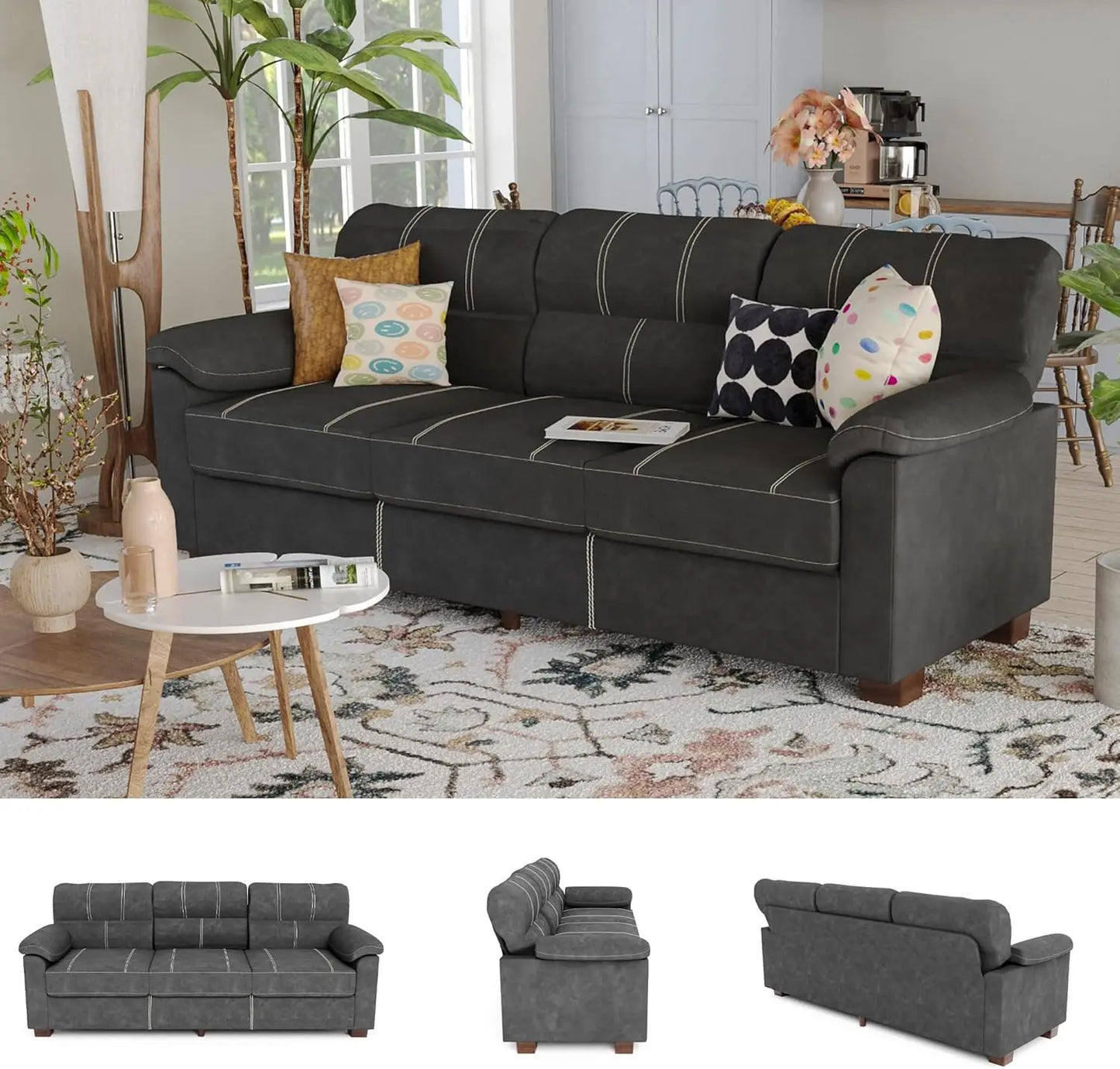 80 Inch Brown Faux Leather Sofa Couch (2 Sets) - Wide Armrests with 2 Built-in Cup Holders, Deep Seats, Contrast Stitching