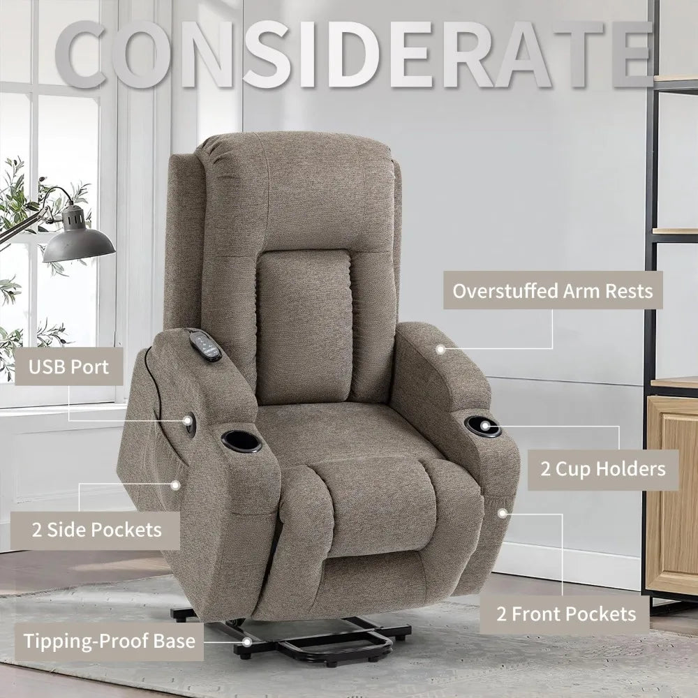 Power Lift Recliner Chair with Heat and Massage for Elderly, Electric Recliner Chairs with Standing Assistance, 2 Cup Holders