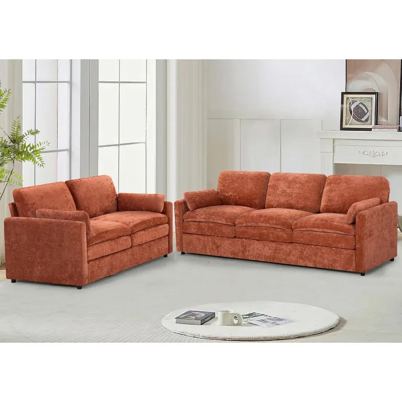 2 Pieces Chenille Couch Set with Well-Filled Pillows, Modern 3 Seats and 2 Seats Sofa with Soft Backrests, Classic Upholstered S