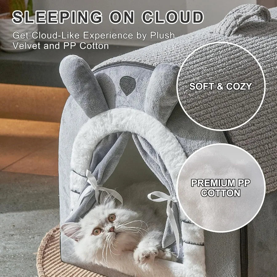 Cat Houses for Indoor Cats Cave Bed with Door Curtain Design Cute Portable Beds with Reversible Washable Cushion S Size Soft Ki