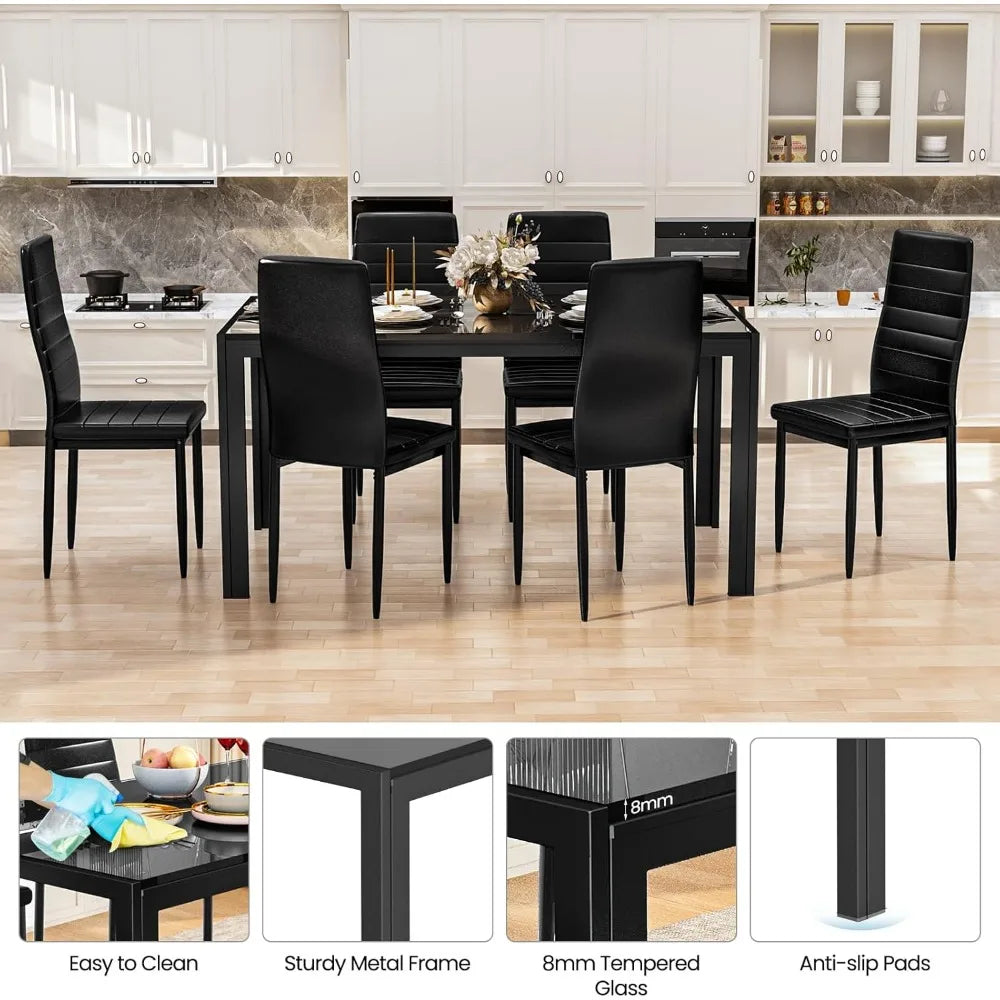 7-Piece Dining Table Set for 6, Tempered Glass Kitchen Table with PU Leather Chairs, Modern Dining Room Table Set for Small Spa