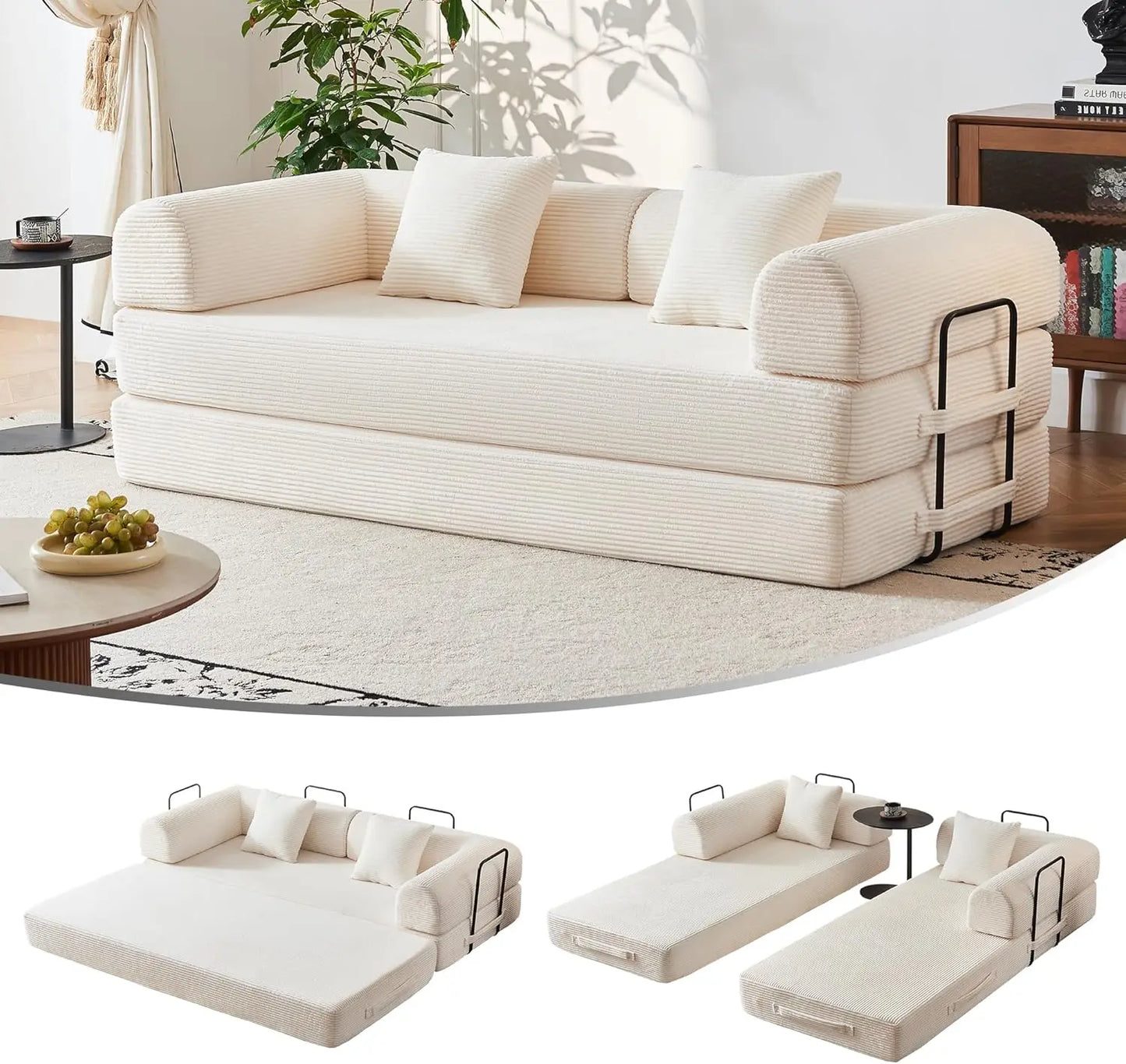 79" Compression Sofa, Convertible Sleeper Sofa Bed, Couch Bed with Fixed-Shape Frame, Corduroy Floor Sofa, Couches for Living Ro