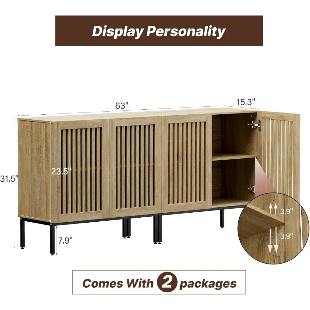 63 Farmhouse TV Stand, Entertainment Center with Metal Base & Adjustable Shelves, 2 in 1 TV Console with 4 Doors