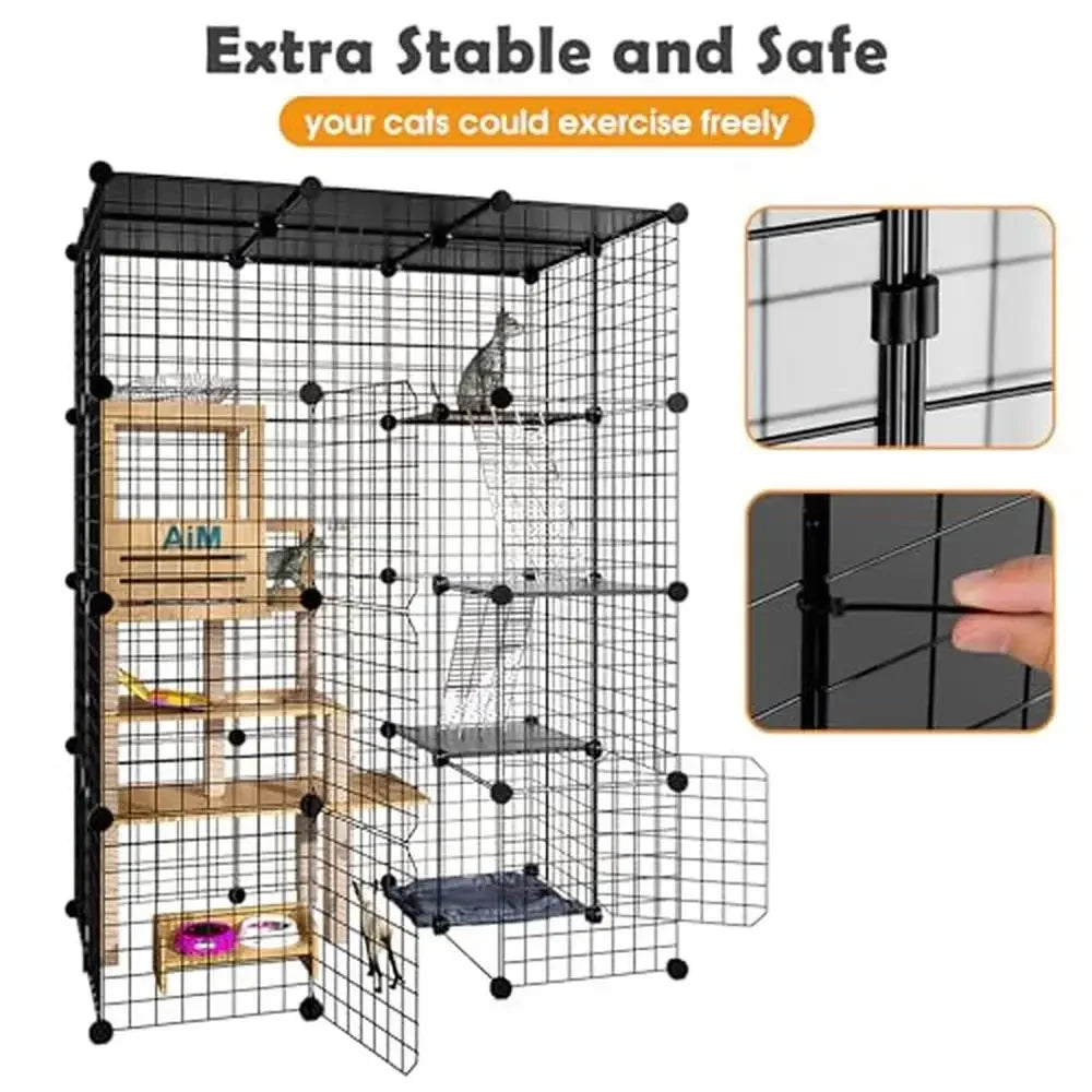Large Metal Wire Cat Playpen Kennel 1-3 Cats Indoor/Outdoor DIY Detachable Cage Kit Ideal Cat Enclosure with 4 Doors & Rubber