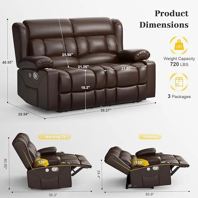 Loveseat Recliner Sofa, 2 Seater Reclining Loveseat sofa, PU Leather RV Loveseat Couch, FSC Certified Recliner Chair for Living