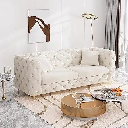 75" Sofa Couch Mid Century Modern Velvet Couch Tufted Button Sofa High Armrest & Metal Gold Legs Luxury Chesterfield Decor with
