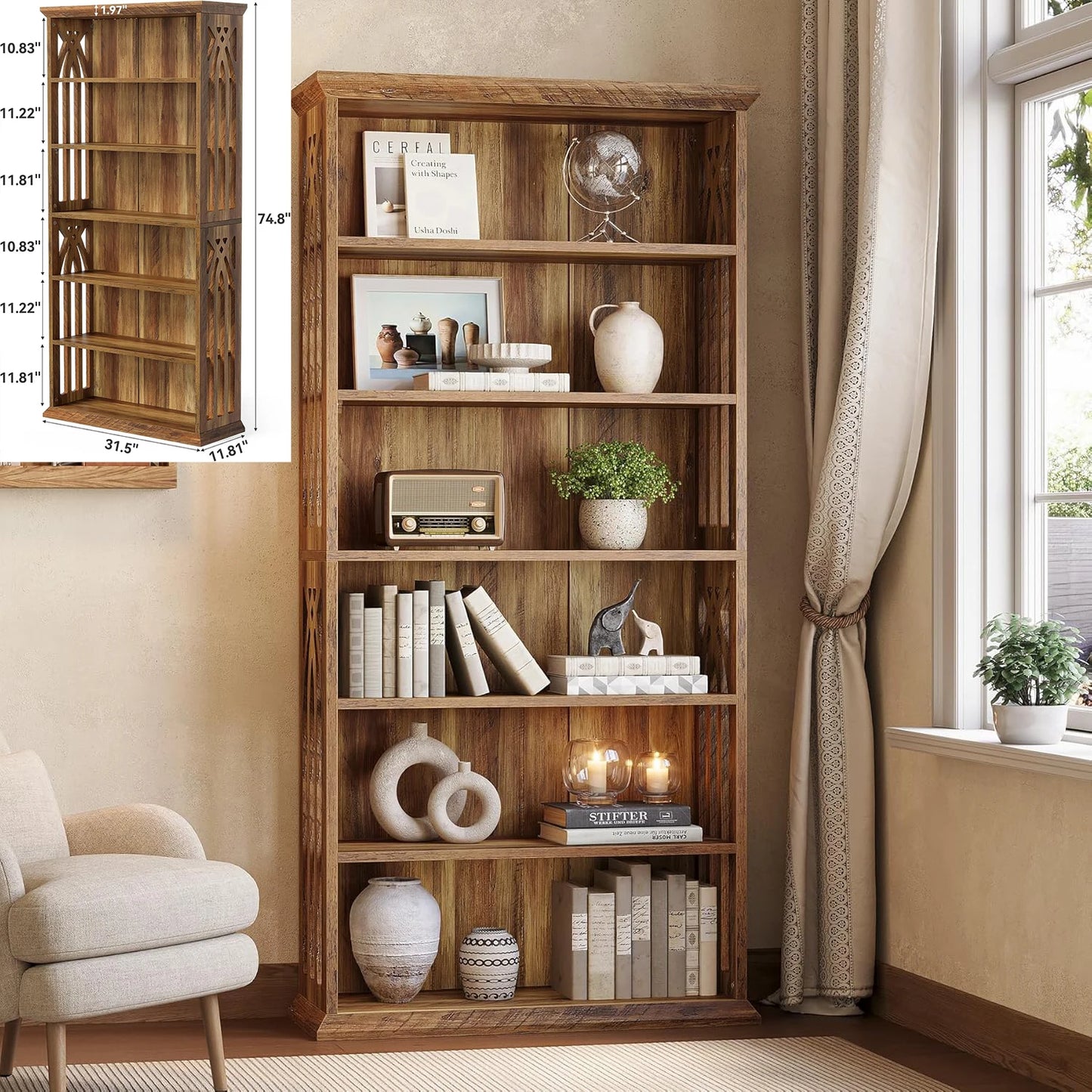 6-Tier Bookcase, 70-Inch Tall Bookshelf with Storage Shelves, Open Bookcase Display Shelving Unit for Living Room, Bedroom