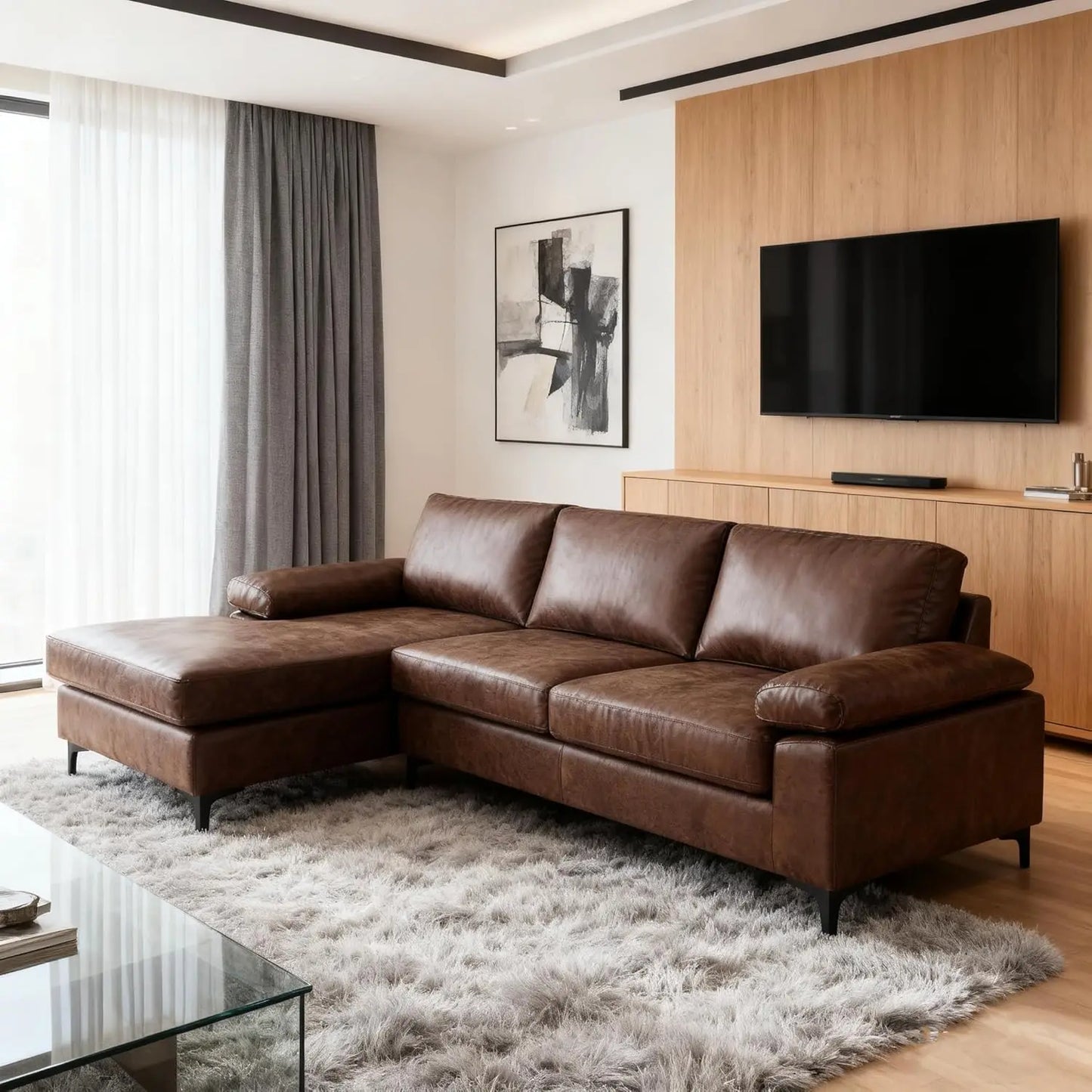 Modular Sectional Sofa, 100" Faux Leather 3-Seater Convertible Sofa with Chaise Modern Sectional Couches for Living Room