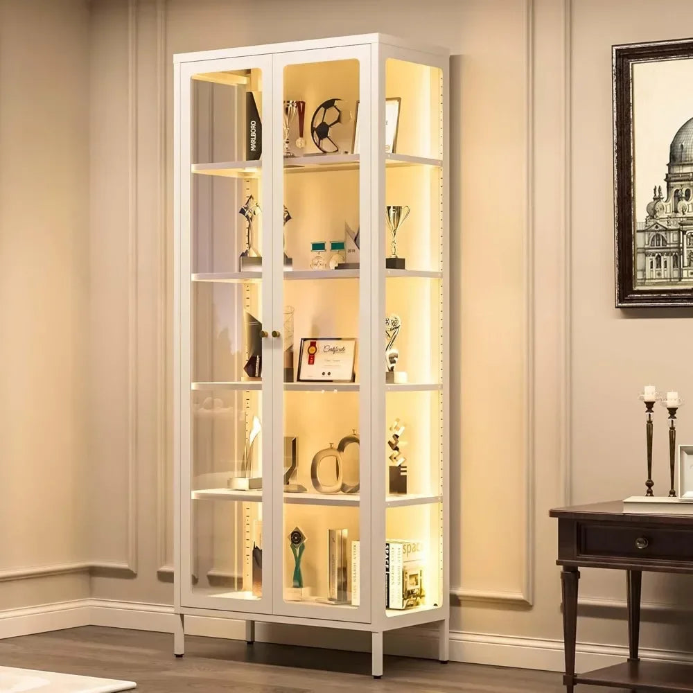 Curio Cabinets with Glass Doors, 67" 5 Tier Glass Display Cabinet with 12 Color RGB Lights & 4 Adjustable Shelves