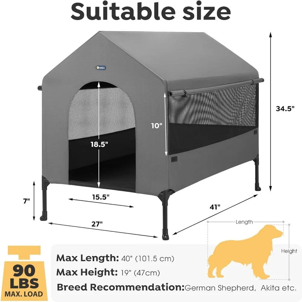 41" Dog House, 2-in-1 Large Dog House Outdoor Indoor Weatherproof, Outside Elevated Dog Cot Bed Dog Tent Shade, Three-Sided Bre