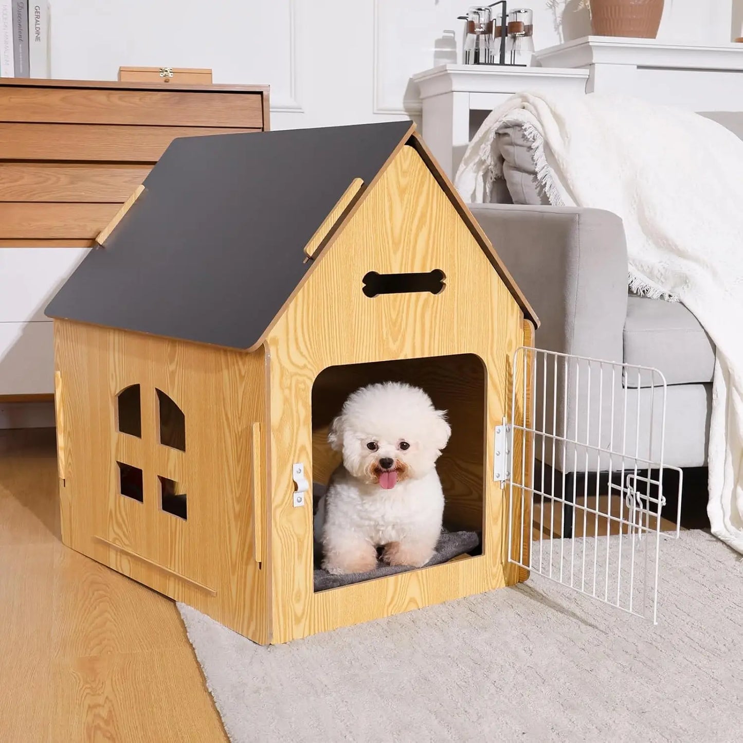 Dog House Indoor for Small Dogs or Cats, Cozy Wooden Design, Small Indoor Bed House, with Air Vents and Elevated Floor Warm Dog