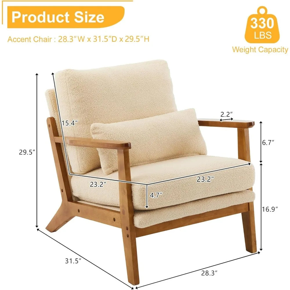 Accent Chair Wide Armrest Mid-Century Lounge Chair Teddy Fleece Armchair with Lumbar Pillow & Solid Wood Frame for Liv