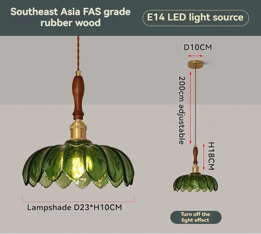 Tiffany Glass Lampshade Pendant Lights Vintage Wood Bedside Hanging Lamp for Restaurant Bedroom Light Fixtures Mall Art Decor