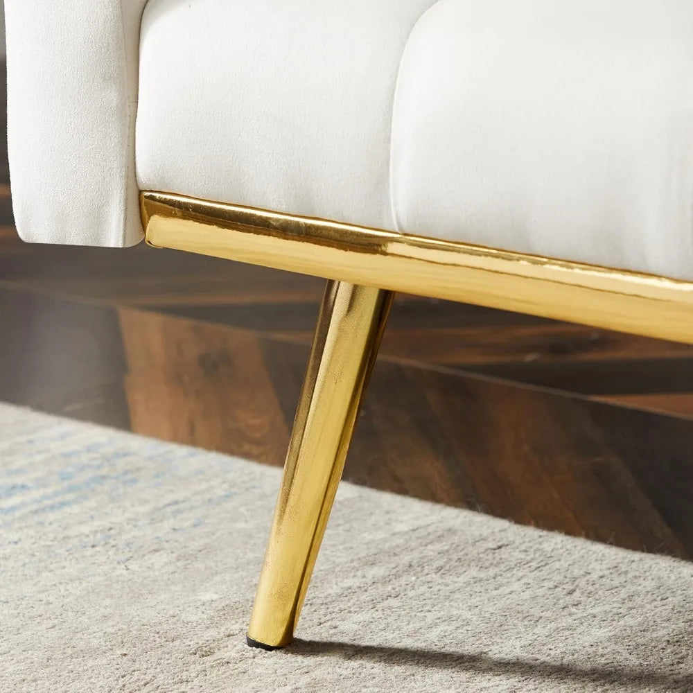 Convertible Velvet Futon Sofa Bed,Sleeper Sofa Couch with Two Pillows and Golden Metal Legs for Living Room (Cream White)