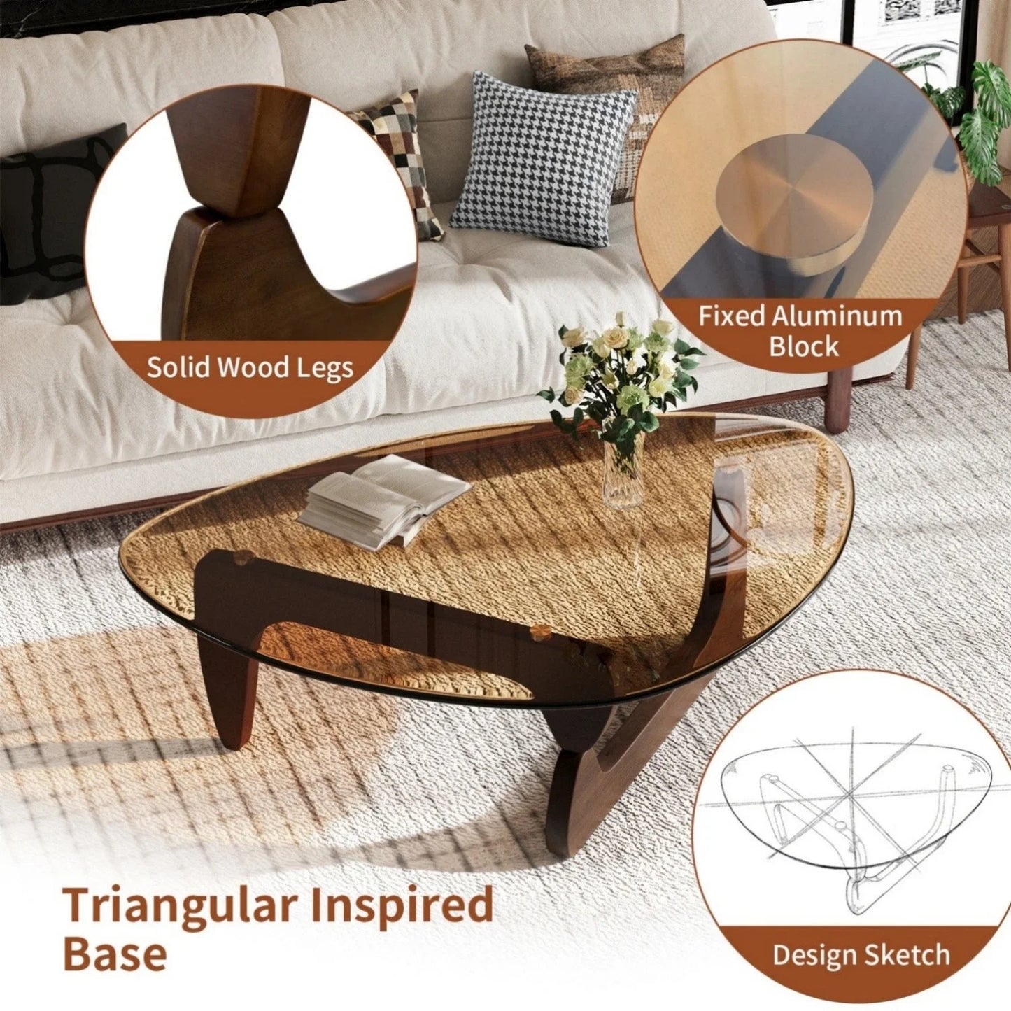 FATIVO Modern Irregular Center Table Living Room Accent Coffee Table Sofa Side Table with Amber-Tinted Tempered Glass Top