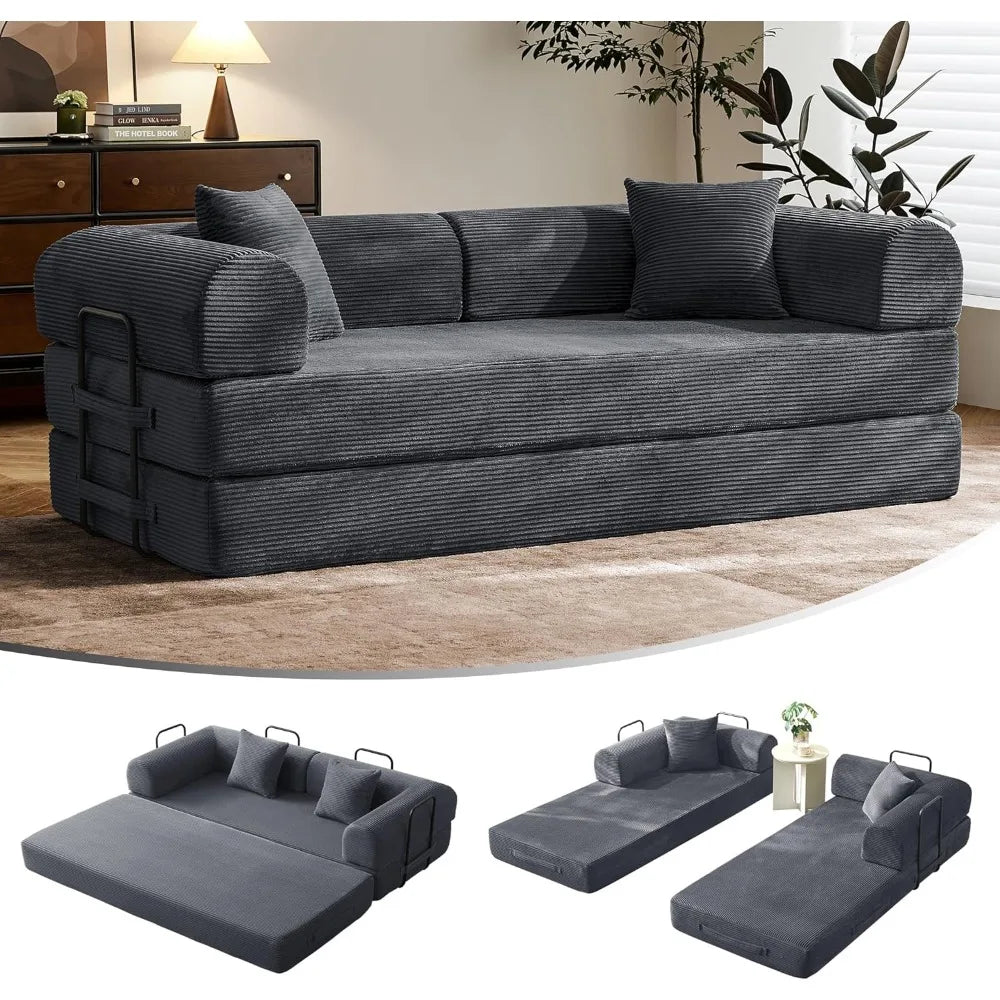 Modular Corduroy Sleeper Sofa with Removable Armrests and Fixed-Shape Frame, Folding Mattress Couch for Sleep