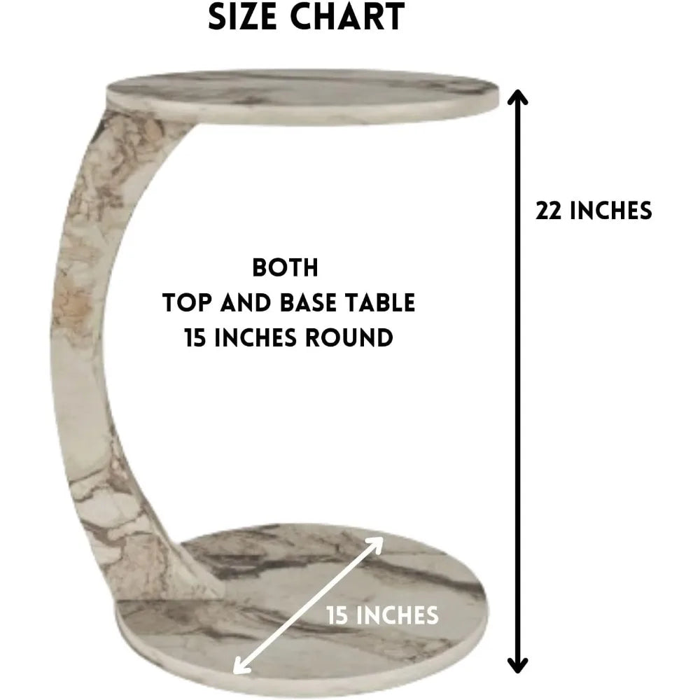 C Shaped End Table for Couch Small Places, Faux Marble White Space Saver Round Side Table for Sofa and Bedside with Wheels, Coff