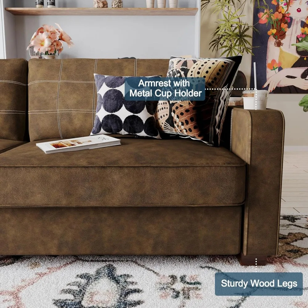 80 Inch Brown Faux Leather Sofa Couch (2 Sets) - Wide Armrests with 2 Built-in Cup Holders, Deep Seats, Contrast Stitching