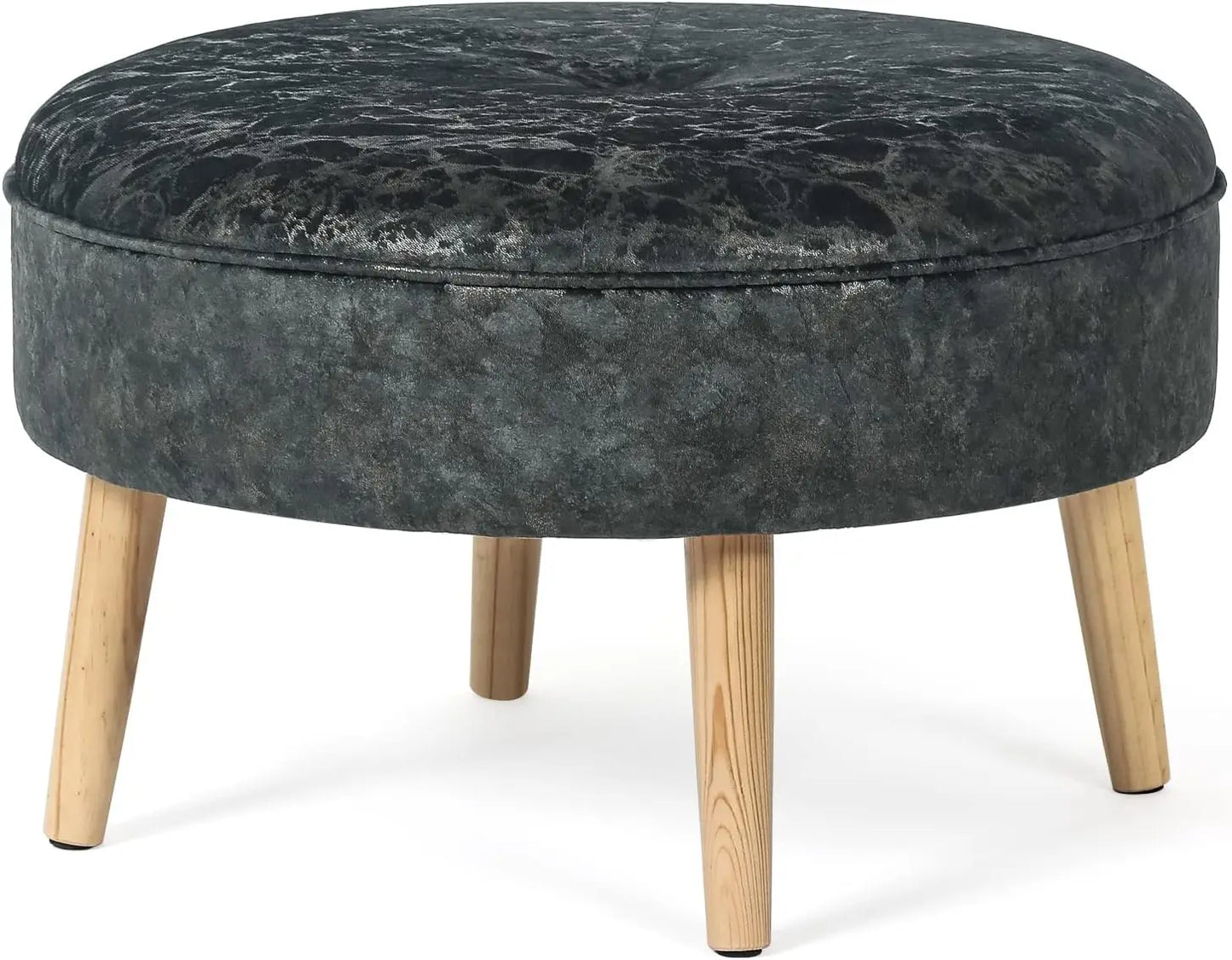 23" Round Velvet Footrest Stool, Upholstered Ottoman Coffee Table, Button Tufted Padded Foot Stools with Solid Wood Legs
