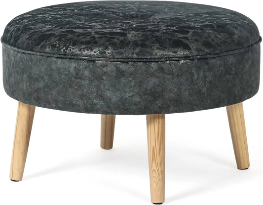 23" Round Velvet Footrest Stool, Upholstered Ottoman Coffee Table, Button Tufted Padded Foot Stools with Solid Wood Legs