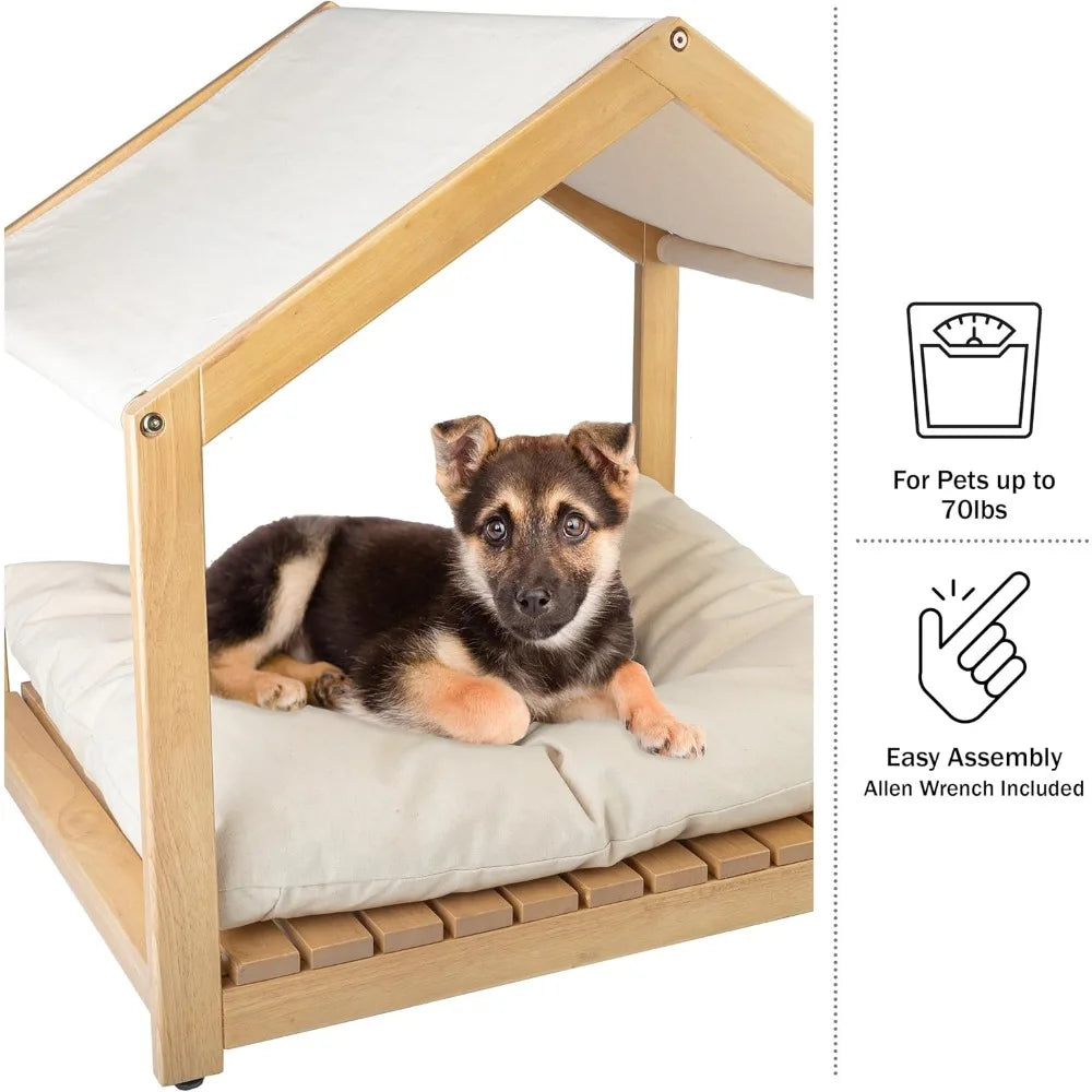 Dog House - 30x24-Inch Indoor Dog House with Soft Cushion and Adjustable Canopy - Wood Dog Furniture for Small to Medium Pets up