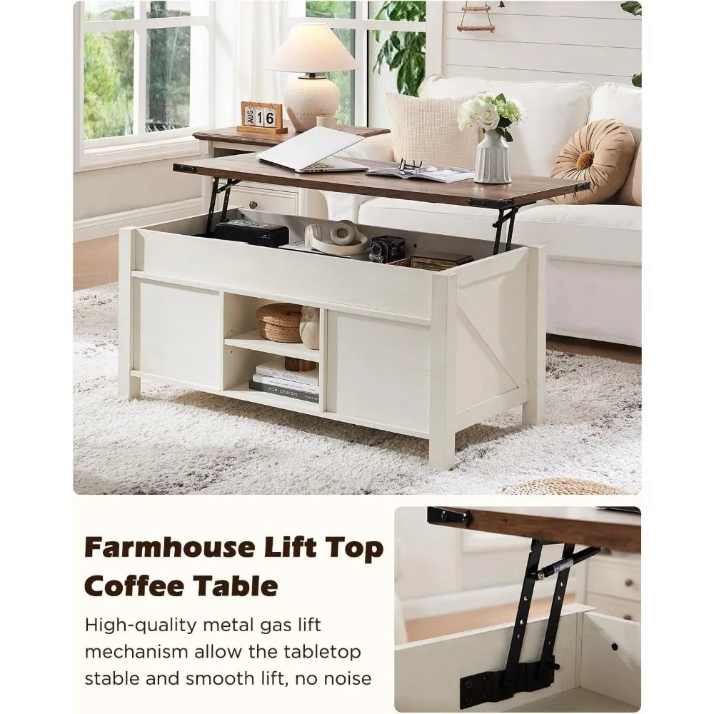 48" Farmhouse Lift Top Coffee Table with Sliding Barn Door,Rustic Center Table with Hidden Storage Compartment,Lifting Tabletop