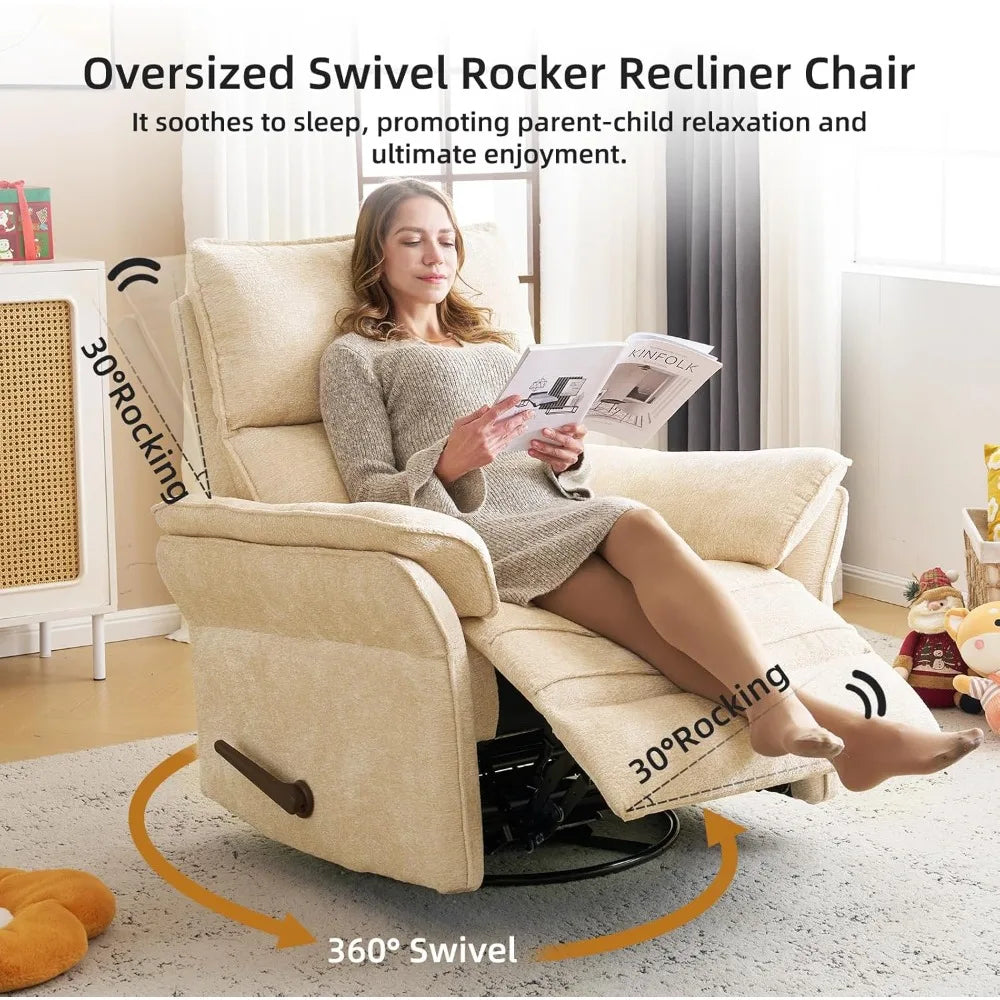 Oversized Recliner Chair, 26" Extra Wide 360° Swivel Rocker Recliner with Adjustable Headrest, Chenille Glider Rocking Nursery