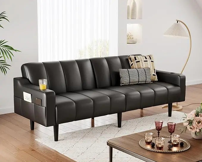 80'' Leather Couch, Futon Sofa Bed, Faux Leather Couch with Adjustable Backrest, 2 Cup Holders & Side Pockets, Mid Century