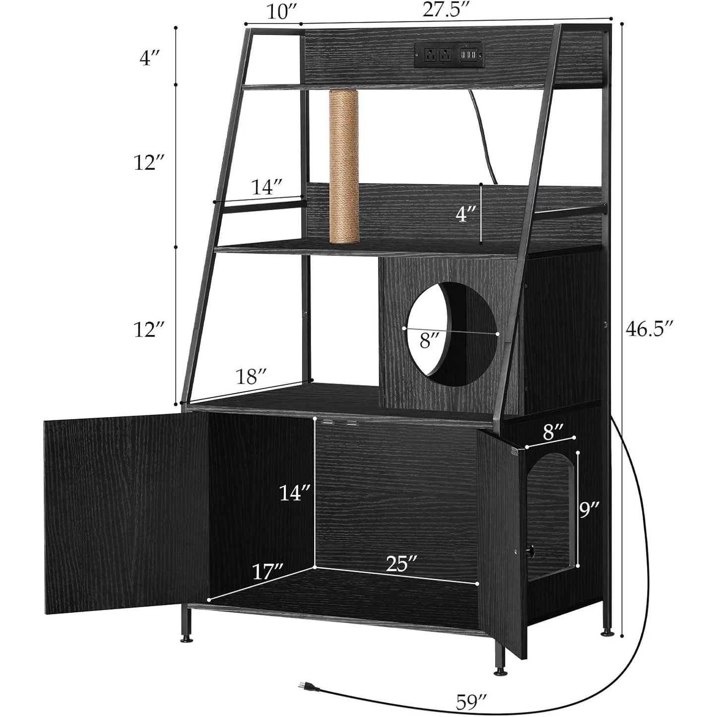 Cat Litter Box Enclosure w/Charging Station & Shelves - Tall Hidden Furniture Universal Fit Indoor, Storage Cabinet (Black)